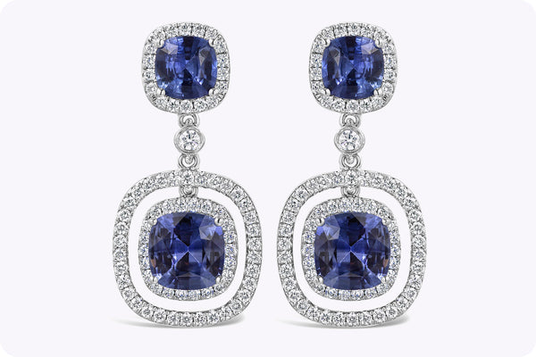 3.96 Carats Cushion Cut Blue Sapphire with Diamond Halo Dangle Earrings in White Gold