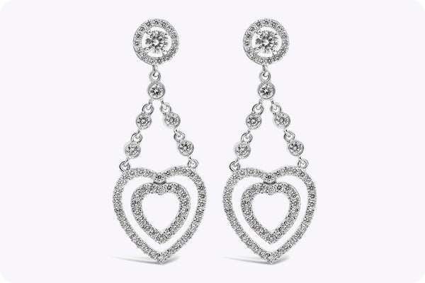 1.12 Carat Total Round Diamond Open-Work Heart Shape Dangle Earrings in White Gold