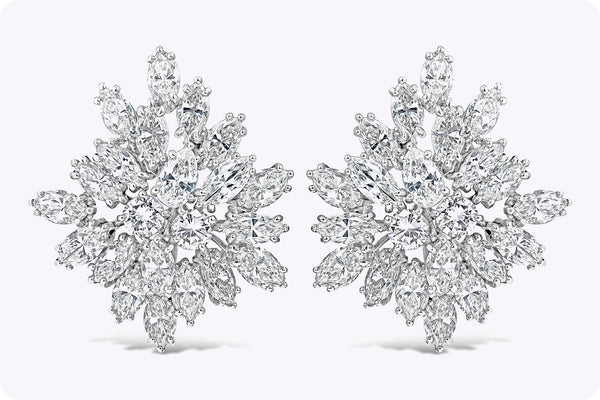 9.73 Carats Total Cluster Mixed Cut Diamond Starburst Clip-on Earrings in Platinum