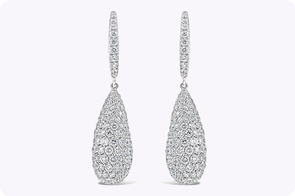 6.33 Carats Total Brilliant Round Diamond Micro Pave Tear Drop Dangle Earrings in White Gold