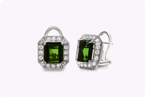 3.63 Carats Total Green Tourmaline and Round Diamond Halo Clip-On Earrings in White Gold and Platinum