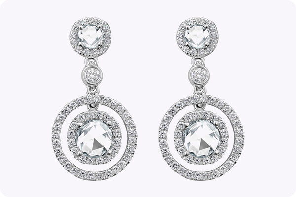 1.95 Carats Total Brilliant Round and Rose cut Diamond Dangle Earrings in White Gold