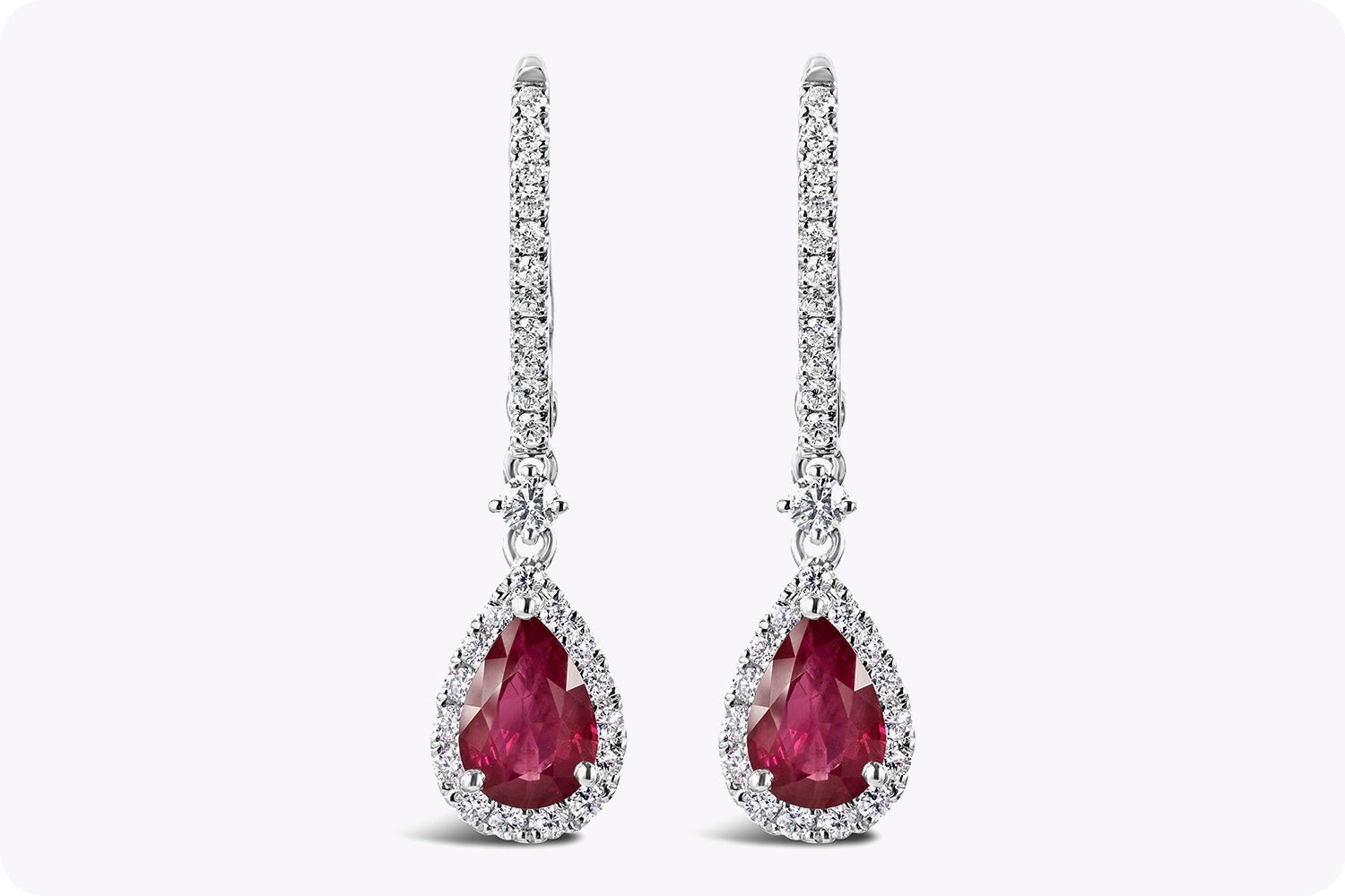 1.49 Carats Pear Shape Ruby and Round Diamond Halo Dangle Earrings in White Gold