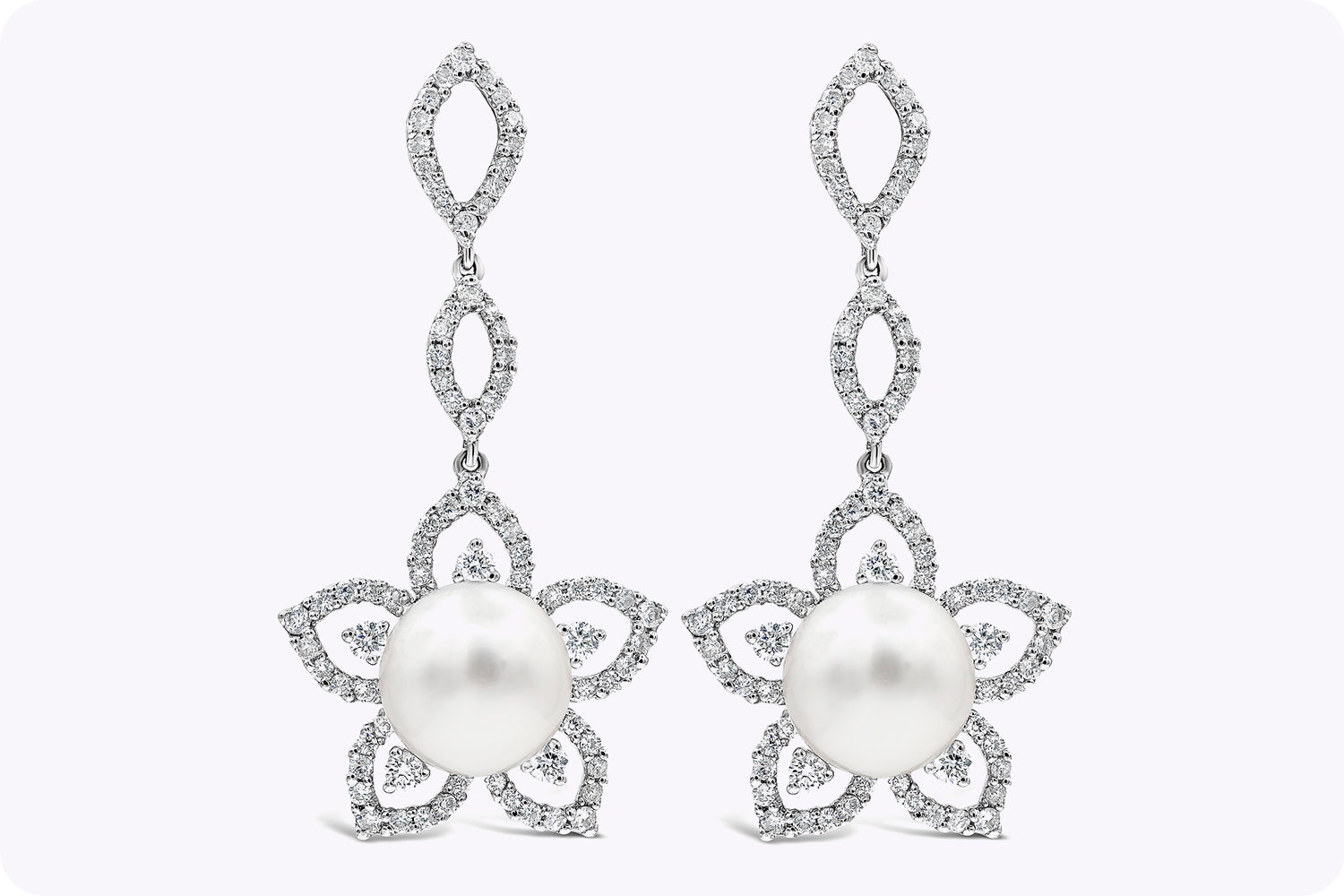 1.88 Carats Round Brilliant Diamonds with Pearl Floral Earrings in White Gold