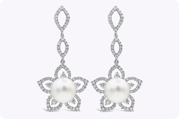 1.88 Carats Round Brilliant Diamonds with Pearl Floral Earrings in White Gold