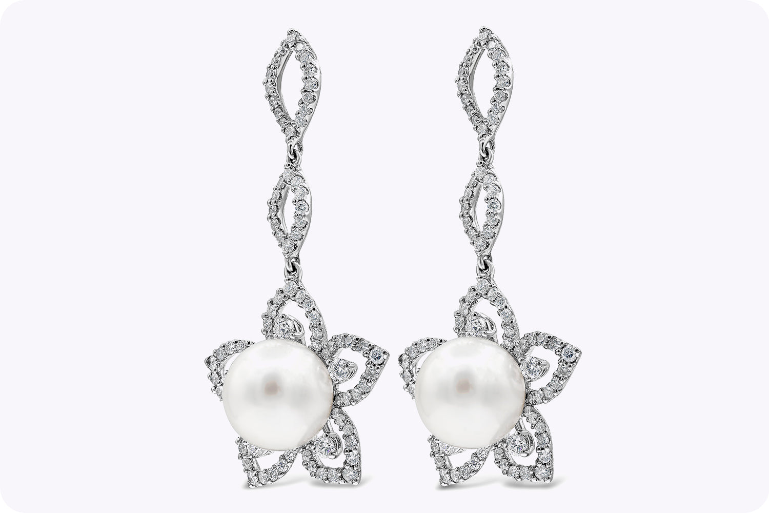 1.88 Carats Round Brilliant Diamonds with Pearl Floral Earrings in White Gold