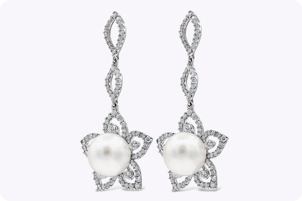 1.88 Carats Round Brilliant Diamonds with Pearl Floral Earrings in White Gold