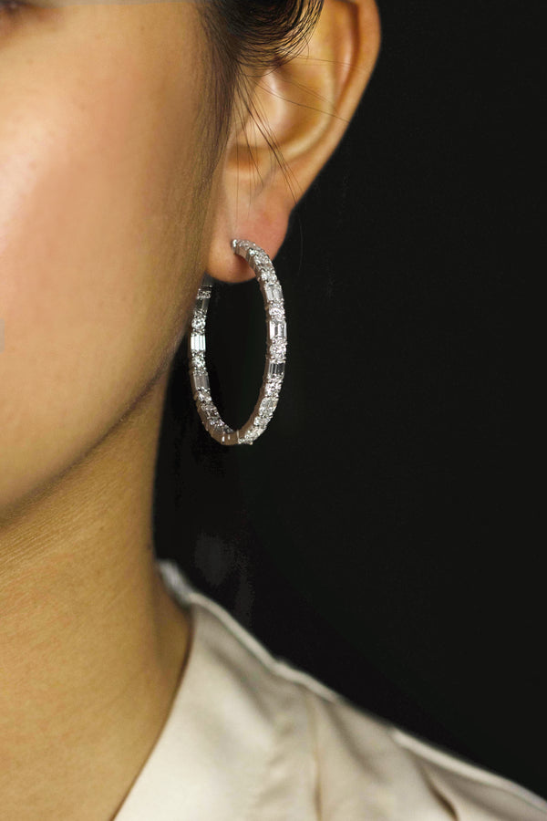 8.75 Carats Total Alternating Emerald and Round Diamond Hoop Earrings in White Gold