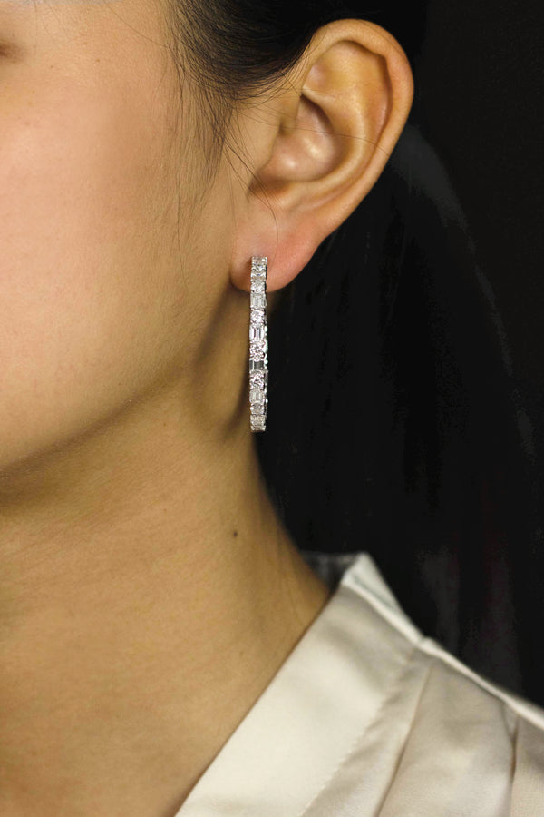 8.75 Carats Total Alternating Emerald and Round Diamond Hoop Earrings in White Gold