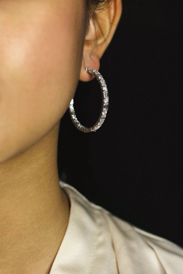 8.75 Carats Total Alternating Emerald and Round Diamond Hoop Earrings in White Gold