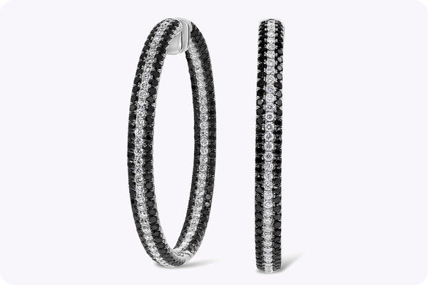 9.60 Carats Total Black and White Round Diamond Pave Hoop Earrings in White Gold