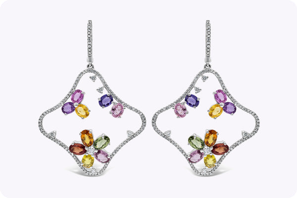 9.67 Carats Multi-Color Sapphires with Diamond Dangle Earrings in White Gold