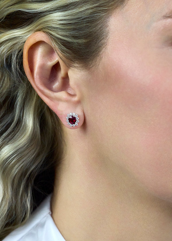 2.09 Carat Total Oval Cut Ruby Halo Stud Earrings with Diamonds in White Gold