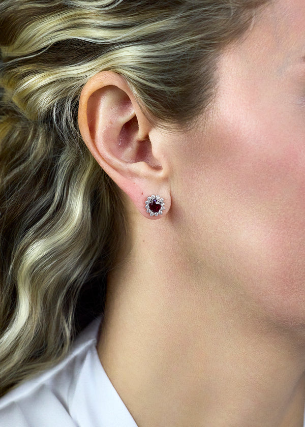 2.09 Carat Total Oval Cut Ruby Halo Stud Earrings with Diamonds in White Gold
