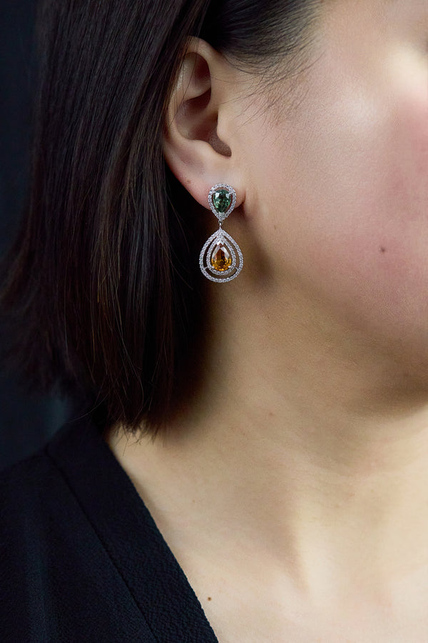 6.15 Carats Total Pear Shape Sapphire Halo Gemstone Earrings in White Gold