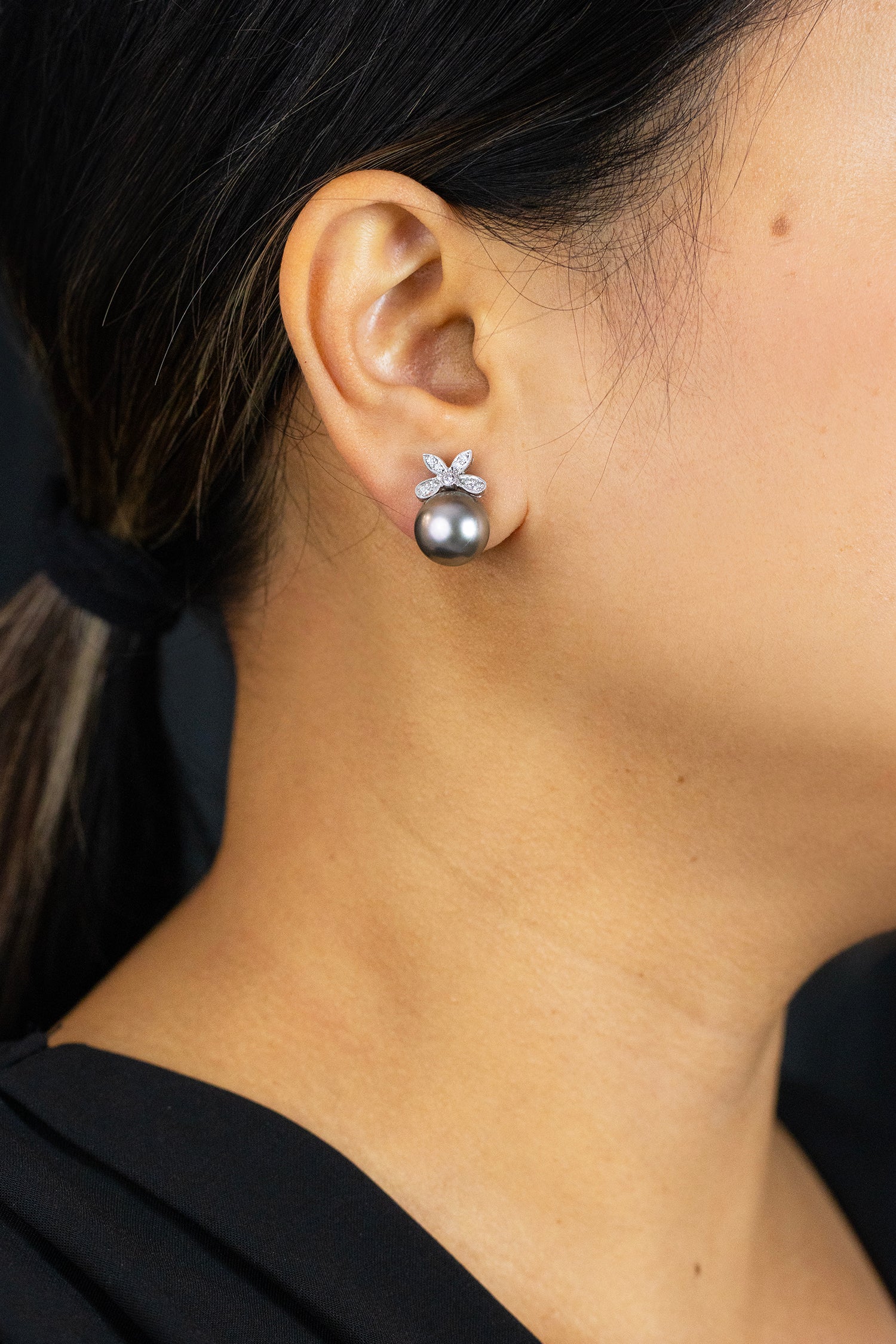 12mm Black Tahitian Pearls with Diamond Omega Clip Earrings in White Gold