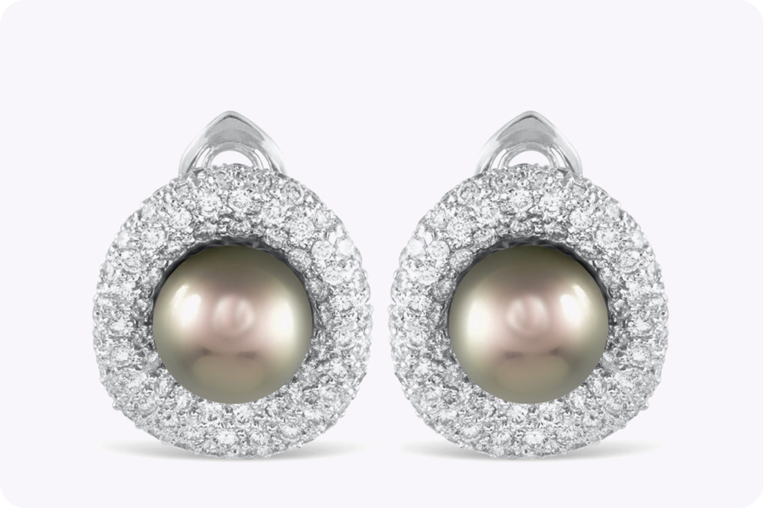 3.26 Carats Round Diamond and Tahitian Pearl Earrings in White Gold