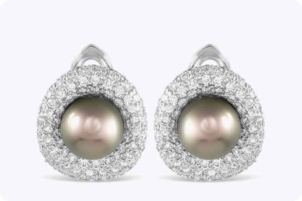 3.26 Carats Round Diamond and Tahitian Pearl Earrings in White Gold