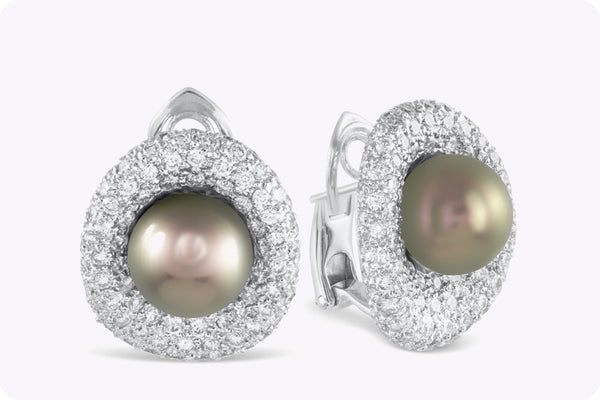 3.26 Carats Round Diamond and Tahitian Pearl Earrings in White Gold