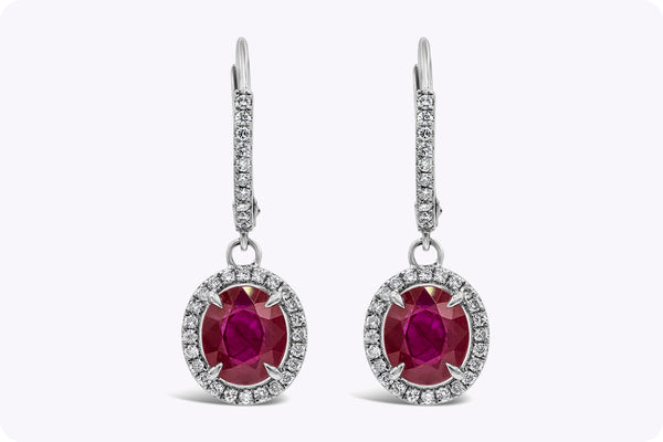 2.83 Carats Total Oval Cut Ruby and Diamond Halo Dangle Earrings in White Gold