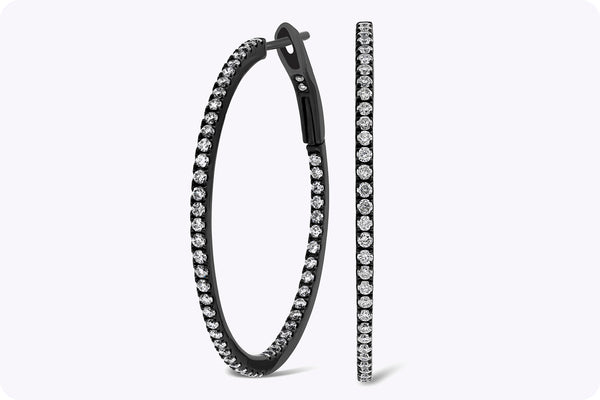 0.94 Carat Round Diamond Black Rhodium Hoop Earrings in Black Rhodium