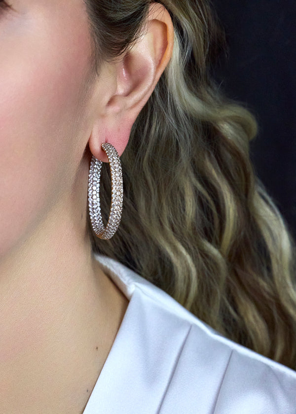 9.55 Carats Total Round Diamond Pave Set Hoop Earrings in Rose Gold