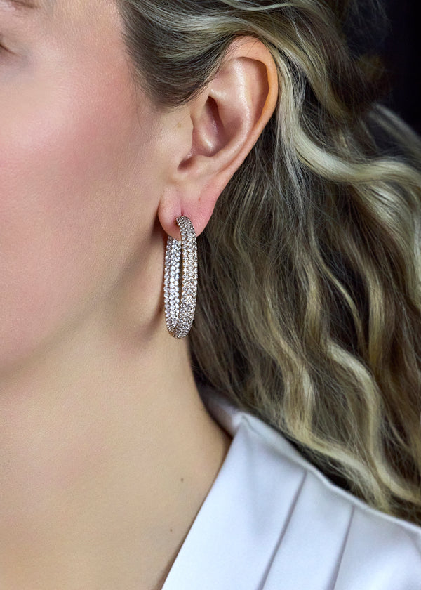 9.55 Carats Total Round Diamond Pave Set Hoop Earrings in Rose Gold