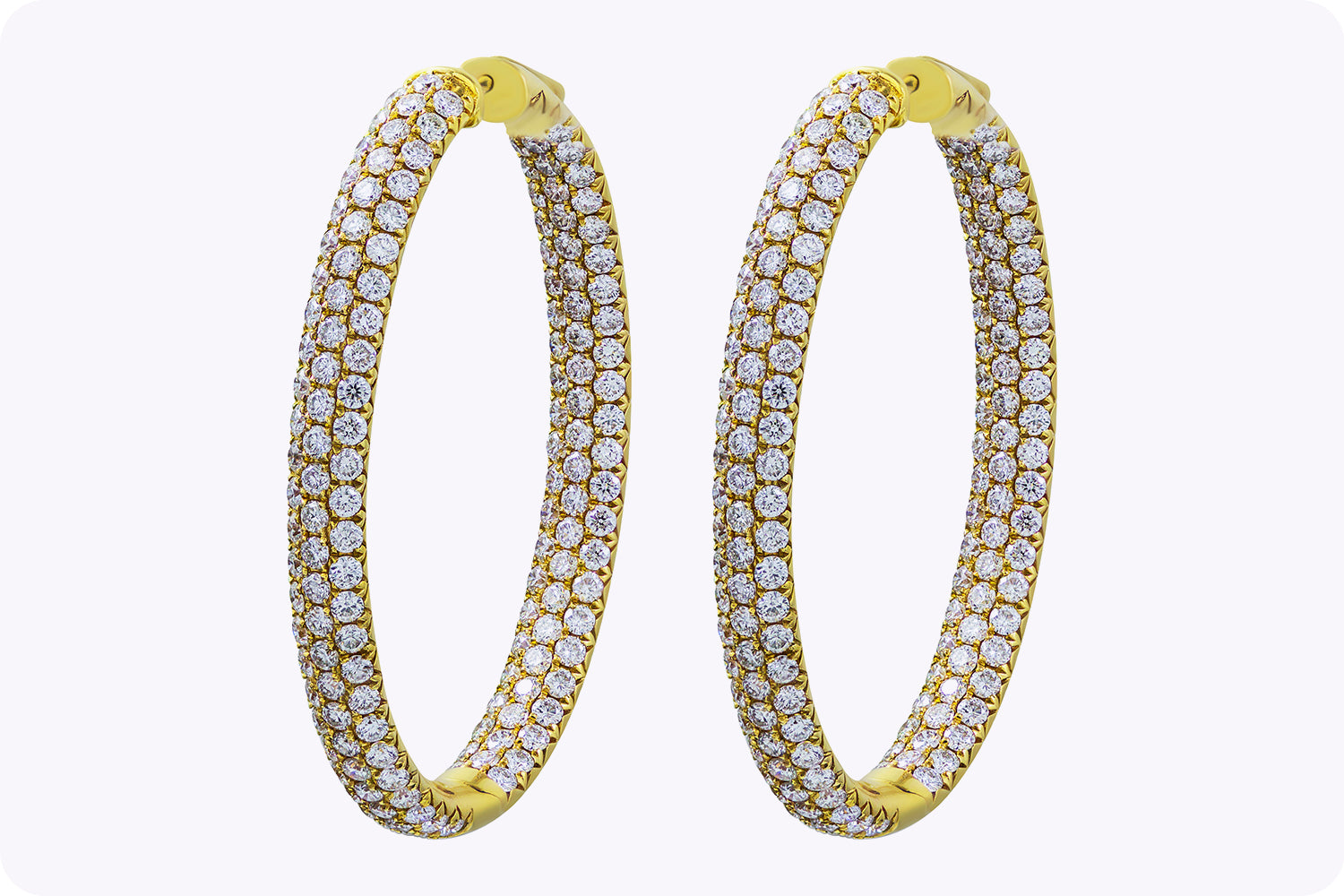 7.35 Carats Total Brilliant Round Diamond Pave Set Hoop Earrings in Yellow Gold