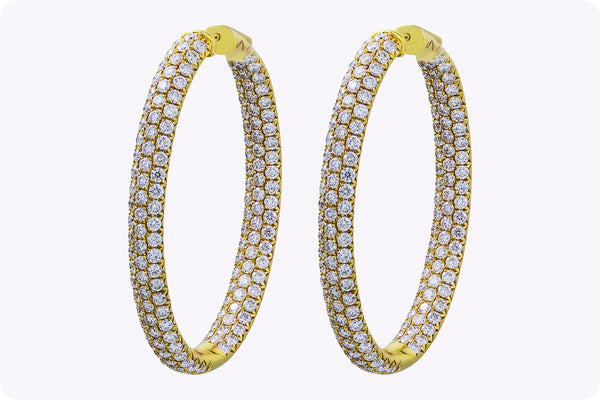 7.35 Carats Total Brilliant Round Diamond Pave Set Hoop Earrings in Yellow Gold