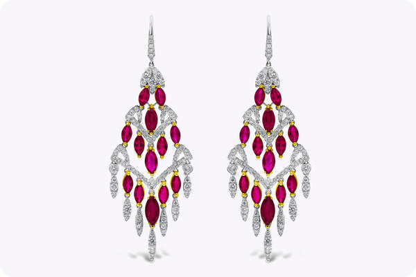 20.71 Carats Total Marquise Cut Ruby and Diamond Chandelier Earrings in White Gold & Yellow Gold