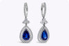 4.18 Carat Blue Sapphire And Diamond Double Halo Dangle Earrings in White Gold