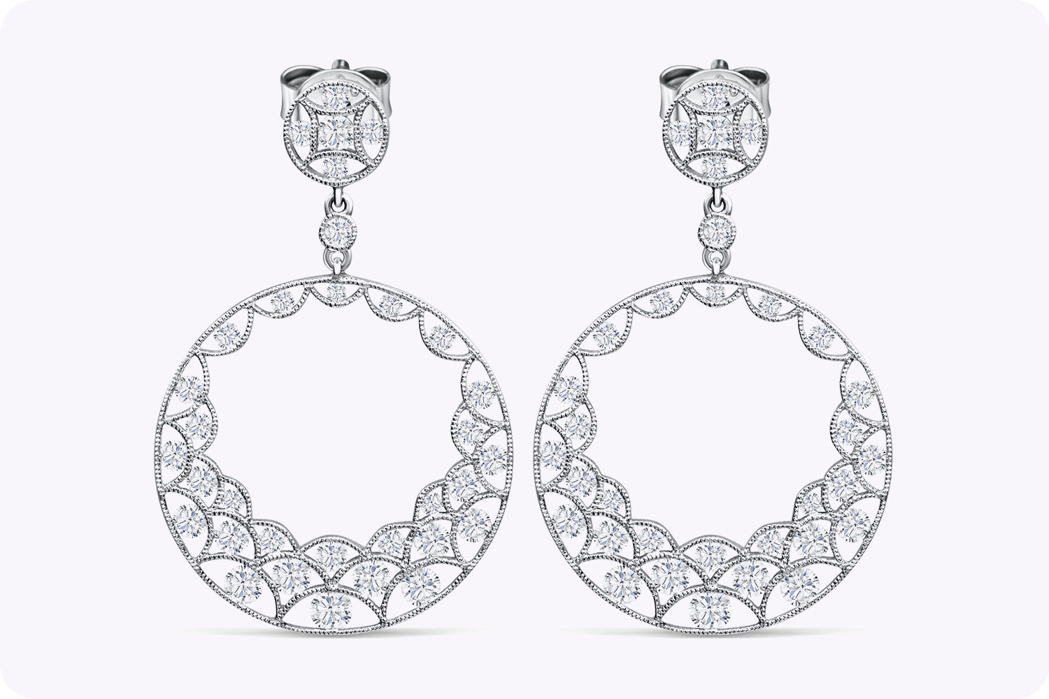 2.46 Carats Total Brilliant Round Diamond Open-Work Circle Dangle Earrings in White Gold