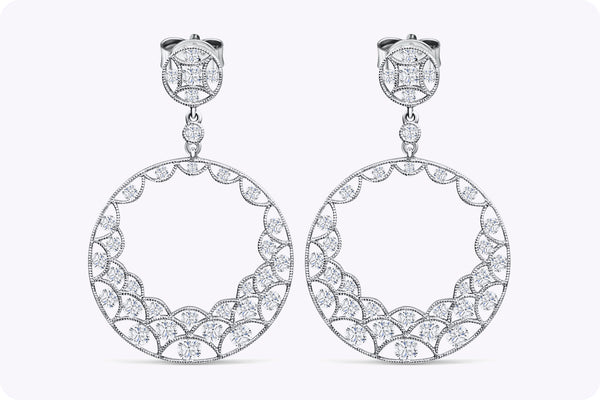 2.46 Carats Total Brilliant Round Diamond Open-Work Circle Dangle Earrings in White Gold