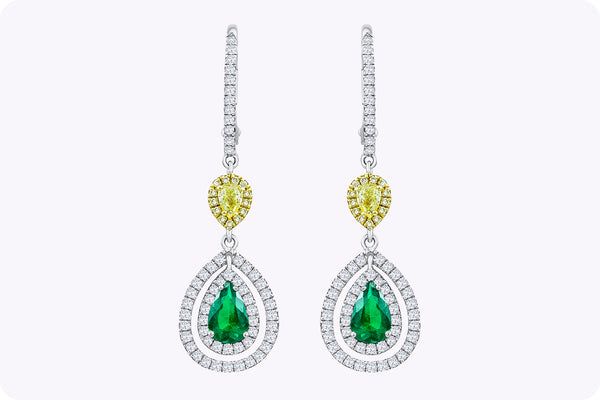 0.69 Carats Total Pear Shape Green Emerald and Yellow Diamond Halo Dangle Earrings in White Gold & Yellow Gold