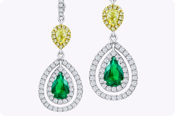 0.69 Carats Total Pear Shape Green Emerald and Yellow Diamond Halo Dangle Earrings in White Gold & Yellow Gold