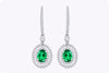 1.01 Carats Total Oval Cut Emerald and Diamond Halo Dangle Earrings in White Gold