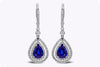 2.57 Carats Pear Shape Blue Sapphire with Diamond Double Halo Dangle Earrings in White Gold