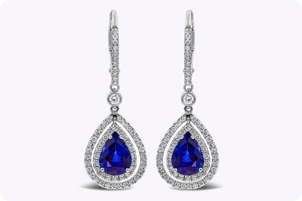 2.57 Carats Pear Shape Blue Sapphire with Diamond Double Halo Dangle Earrings in White Gold