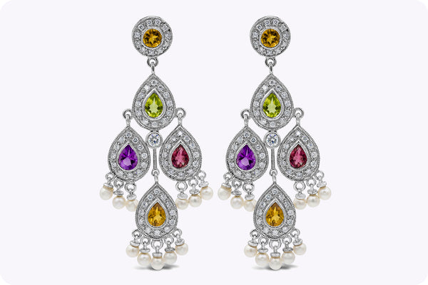 2.83 Carats Total Multi Color Sapphire and Round Diamond Chandelier Earrings in White Gold