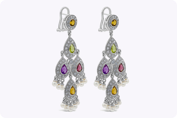 2.83 Carats Total Multi Color Sapphire and Round Diamond Chandelier Earrings in White Gold