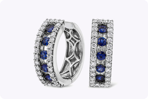 0.93 Carats Total Round Cut Blue Sapphire and Diamond Hoop Earrings in White Gold