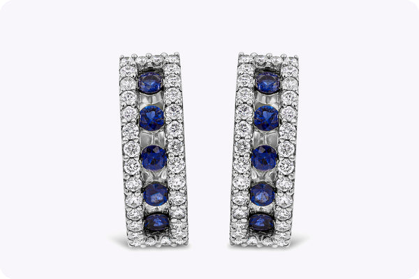 0.93 Carats Total Round Cut Blue Sapphire and Diamond Hoop Earrings in White Gold