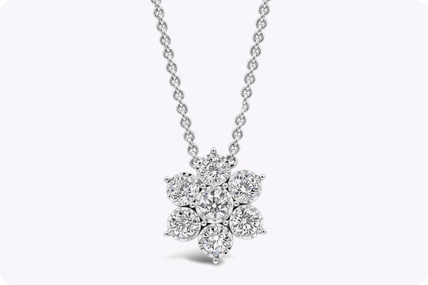 1.12 Carats Total Round Brilliant Diamond Cluster Flower Pendant Necklace in White Gold