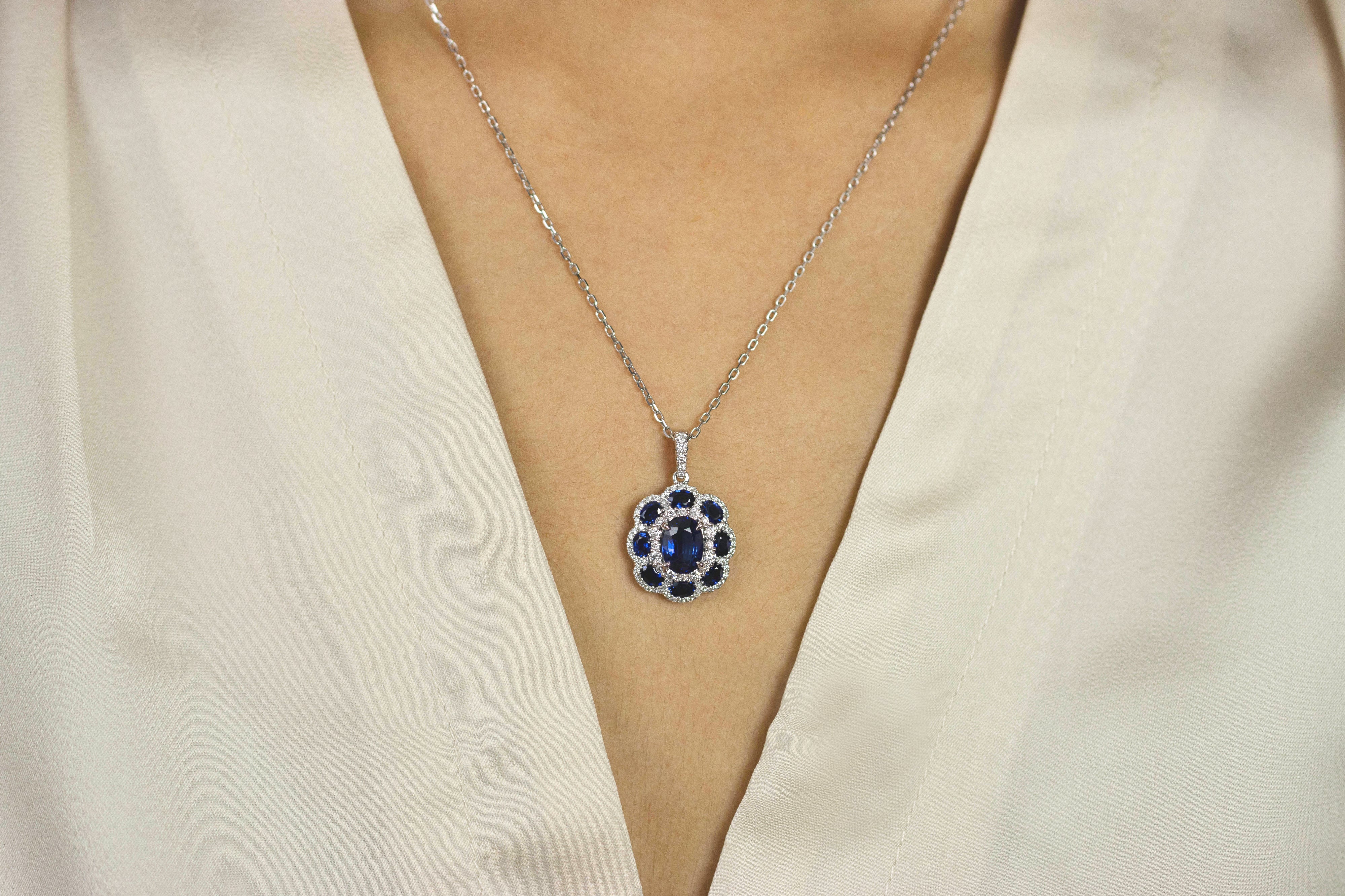 3.88 Carats Total Oval Cut Blue Sapphire Floral Pendant Necklace in White Gold