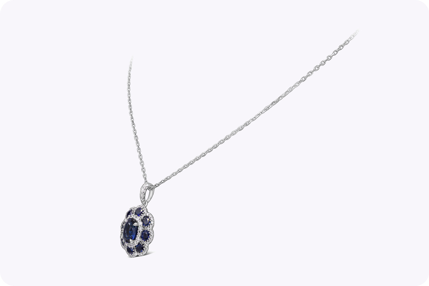 3.88 Carats Total Oval Cut Blue Sapphire Floral Pendant Necklace in White Gold