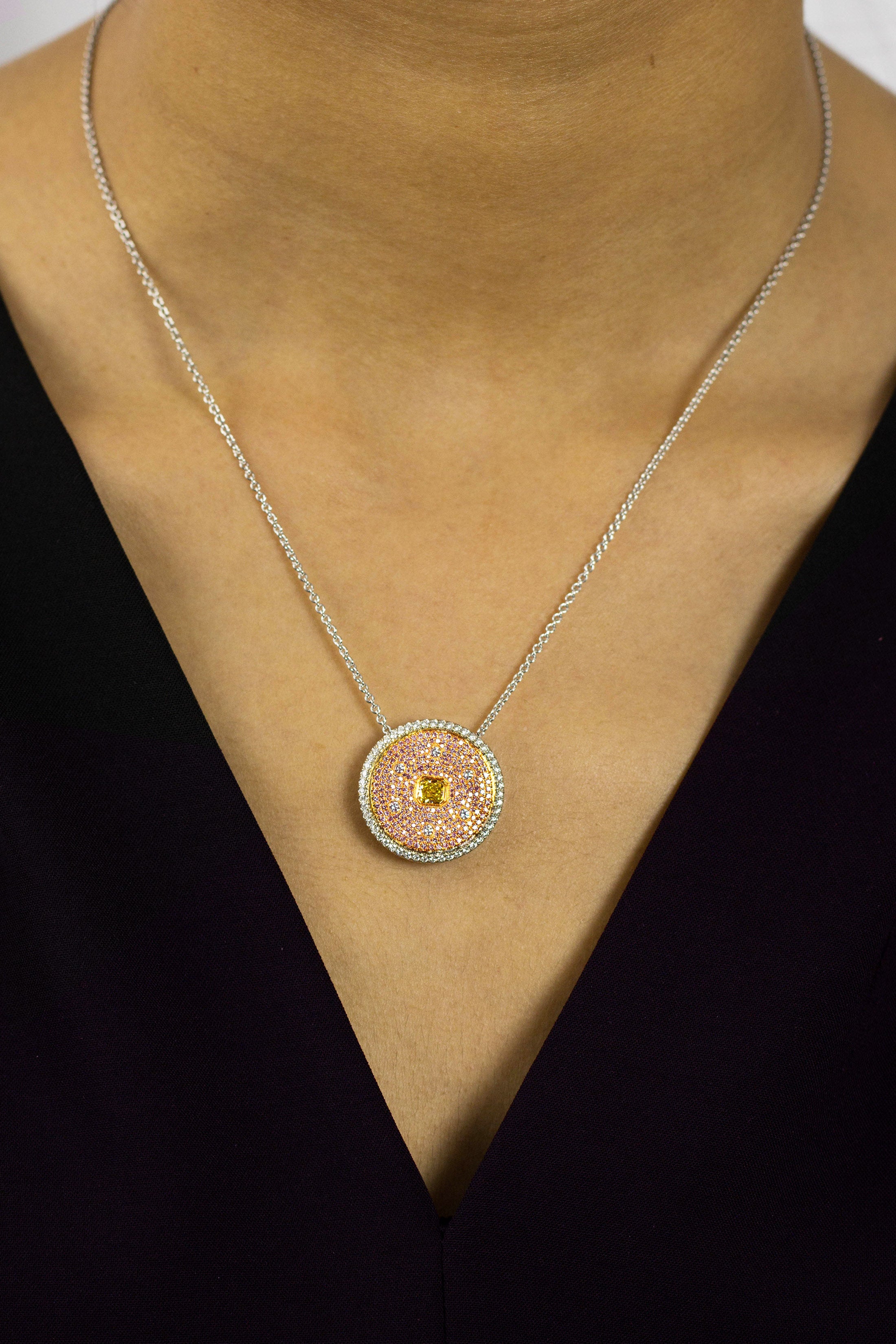 GIA Certified 0.38 Carat Radiant Cut Yellow Diamond Circle Pendant Necklace in Rose & White Gold