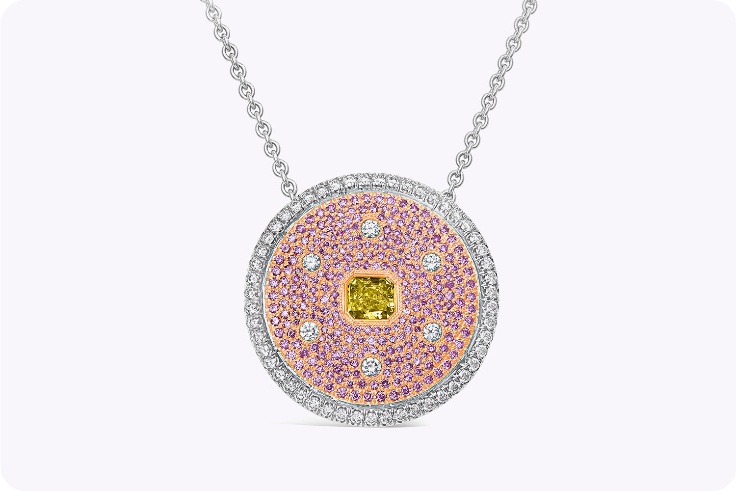 GIA Certified 0.38 Carat Radiant Cut Yellow Diamond Circle Pendant Necklace in Rose & White Gold