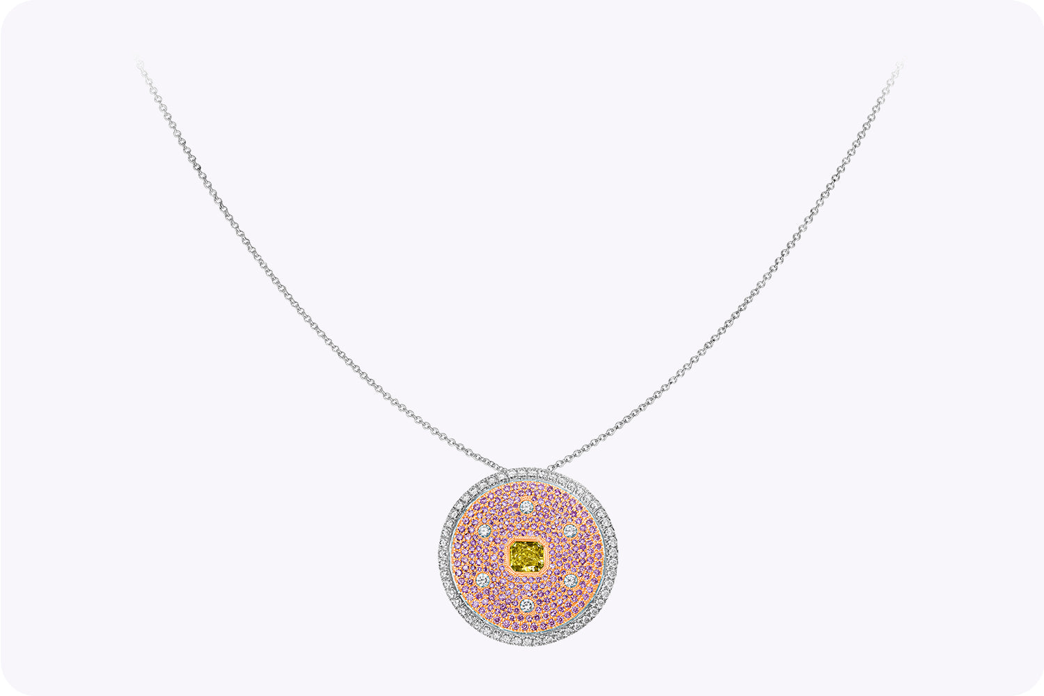 GIA Certified 0.38 Carat Radiant Cut Yellow Diamond Circle Pendant Necklace in Rose & White Gold