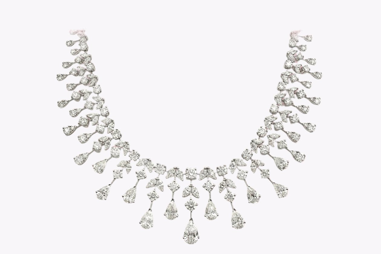 GIA Certified 37.20 Carats Total Mixed-Cut Diamond Chandelier Drop Necklace in White Gold