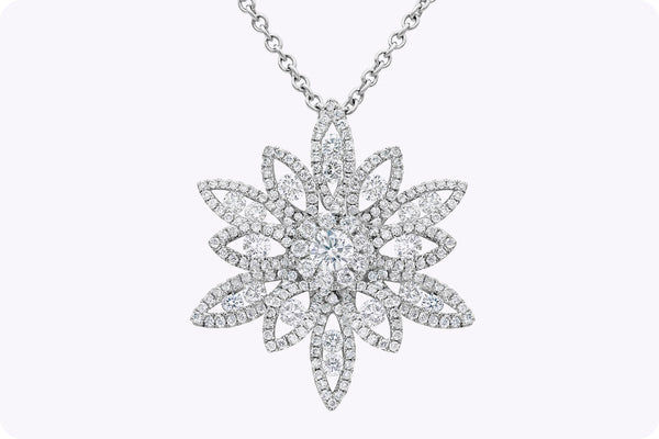 1.58 Carats Total Round Brilliant Cut Diamond Cluster Flower Pendant Necklace in White Gold